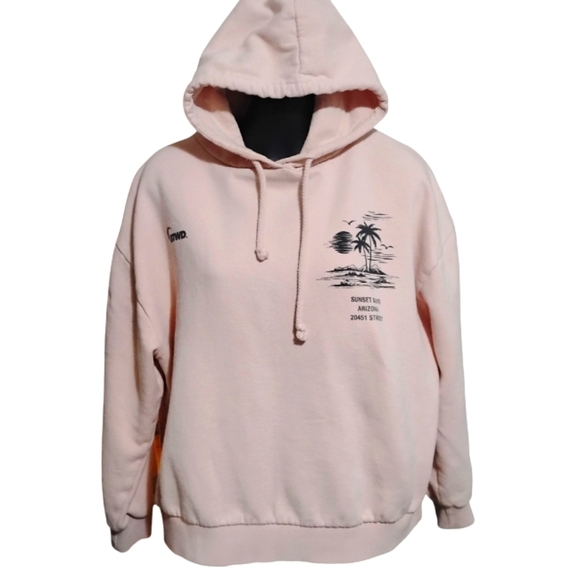 Pull&Bear | Pastel Pink Hoodie with PalmTree Streetwear Malibu Vibes | Size SM - Picture 9 of 11